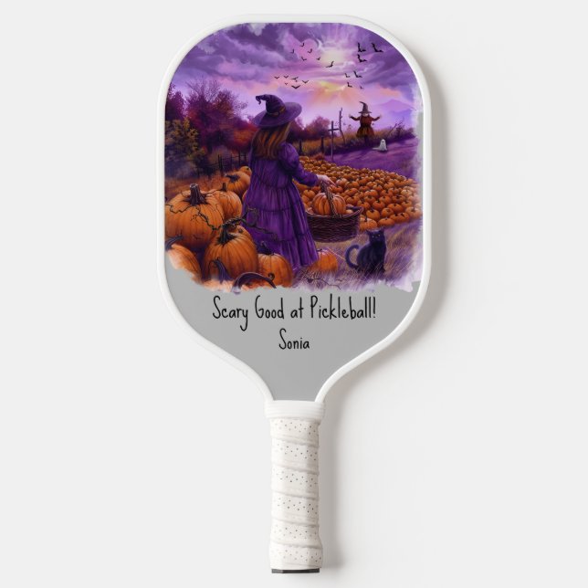 Spooky Halloween Witch Pumpkin Patch Scarecrow Pickleball Paddle (Front)