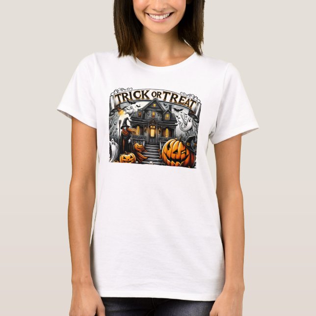 Spooky Halloween with ghosts and pumpkins T-Shirt (Front)