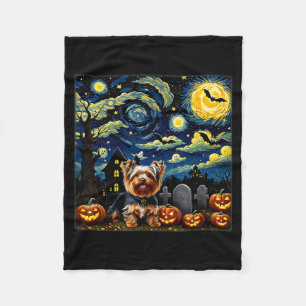 Spooky Halloween Yorkie Dog Starry Night Fleece Blanket