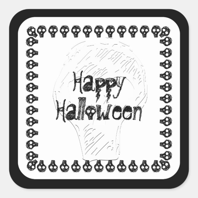 Spooky Happy Halloween Lettering | Black/White Square Sticker (Front)