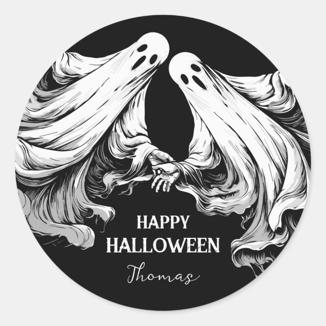 Spooky Happy Halloween Party Treat with ghost Classic Round Sticker (Front)