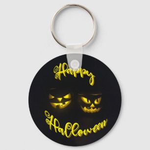 Spooky Happy Halloween text eerie pumpkin face Key Ring