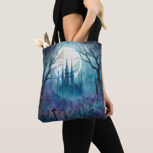 Spooky Haunted Castle Full Moon Blue Halloween Tote Bag