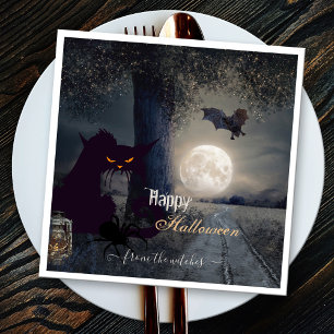 Spooky Haunted Halloween Black Cat Paper  Napkin