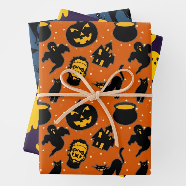 Spooky Haunted Halloween Pattern Wrapping Paper Sheet (In situ)