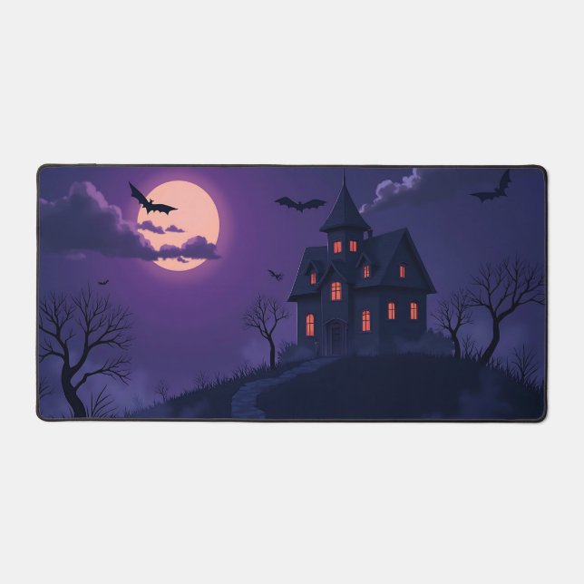 Spooky Haunted House and Bats Halloween Desk Mat (Front)