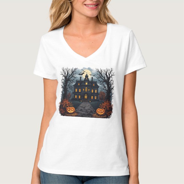 Spooky Haunted House and Pumpkin Patch Halloween  T-Shirt (Front)