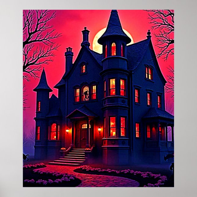 Spooky Haunted House at Dusk Design Poster (Front)