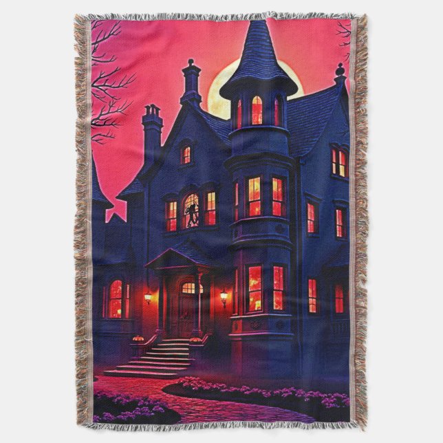 Spooky Haunted House at Dusk Design Throw Blanket (Front Vertical)