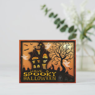  Spooky Haunted House Bats Ghosts Halloween Postcard