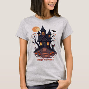 Spooky Haunted House & Black Cat Halloween Night T-Shirt