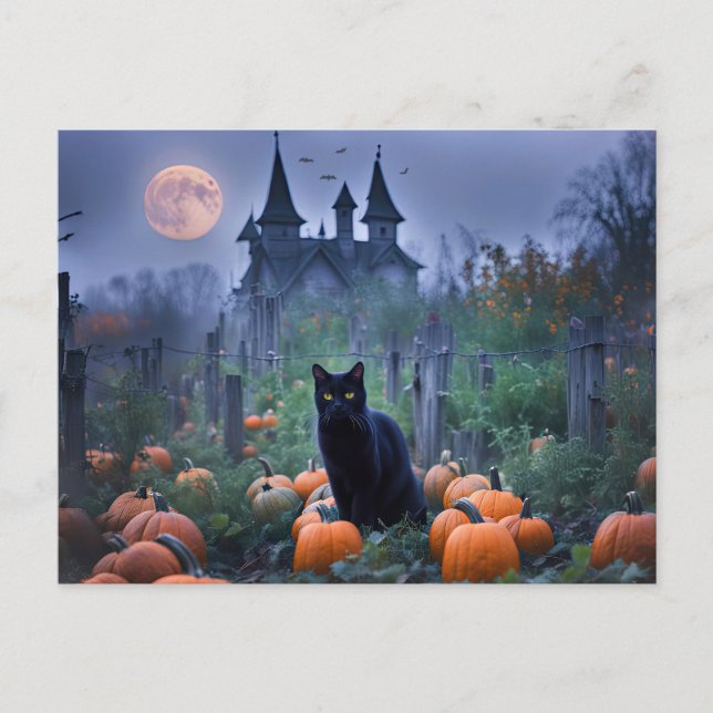 Spooky Haunted House Black Cat Pumpkins Holiday Postcard (Front)