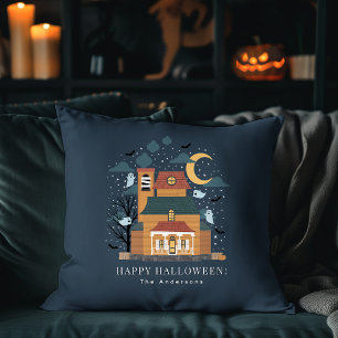 Spooky Haunted House Family Name Rustic Halloween Cushion