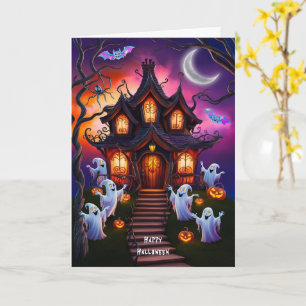 Spooky Haunted House Halloween Night Scene Card