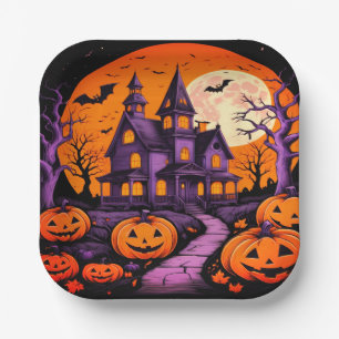Spooky Haunted House Halloween Paper Plate