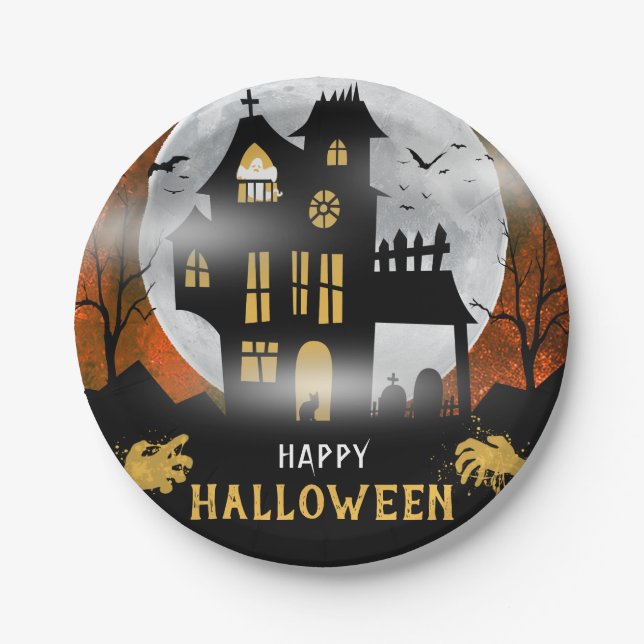 Spooky Haunted House Halloween Party Paper Plate (Front)
