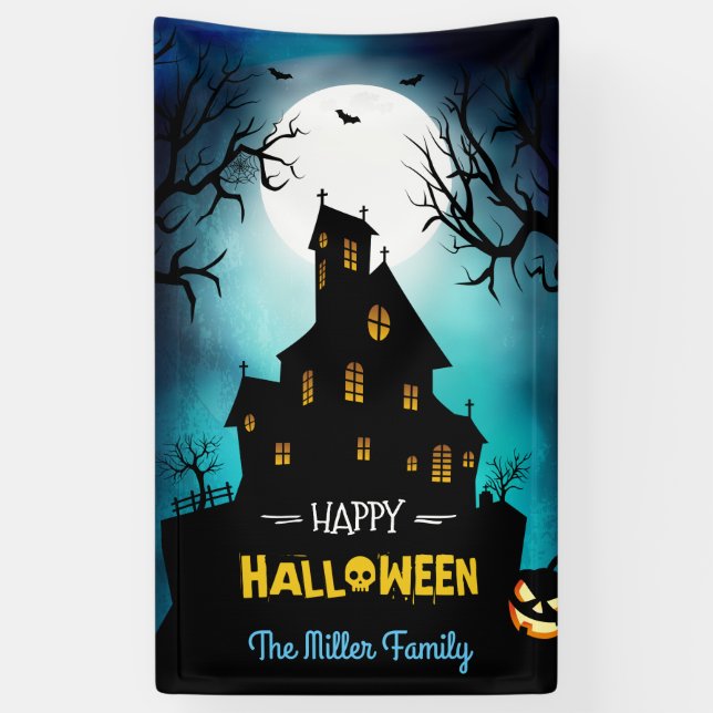 Spooky Haunted House Happy Halloween Party Banner (Vertical)