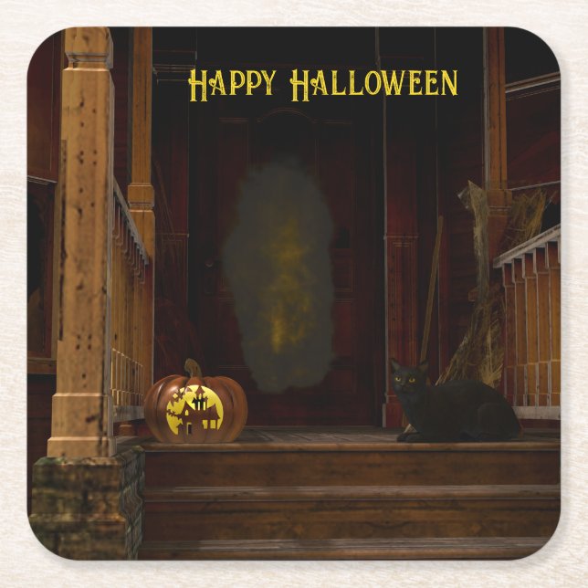 Spooky Haunted House Porch Square Paper Coaster (Front)