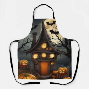 Spooky Haunted House Pumpkin Moon Halloween Apron