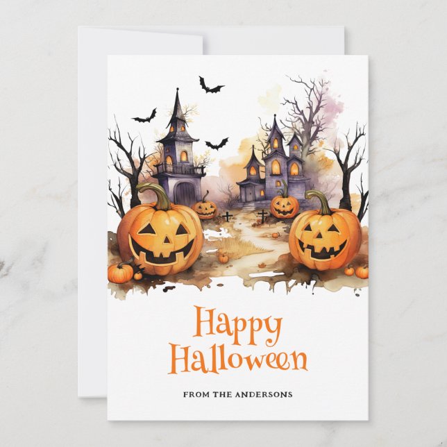 Spooky Haunted House Pumpkins Happy Halloween Card (Front)