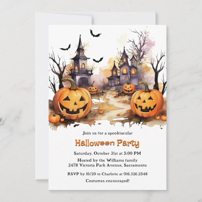 Spooky Haunted House Pumpkins Kids Halloween Party Invitation (Front)