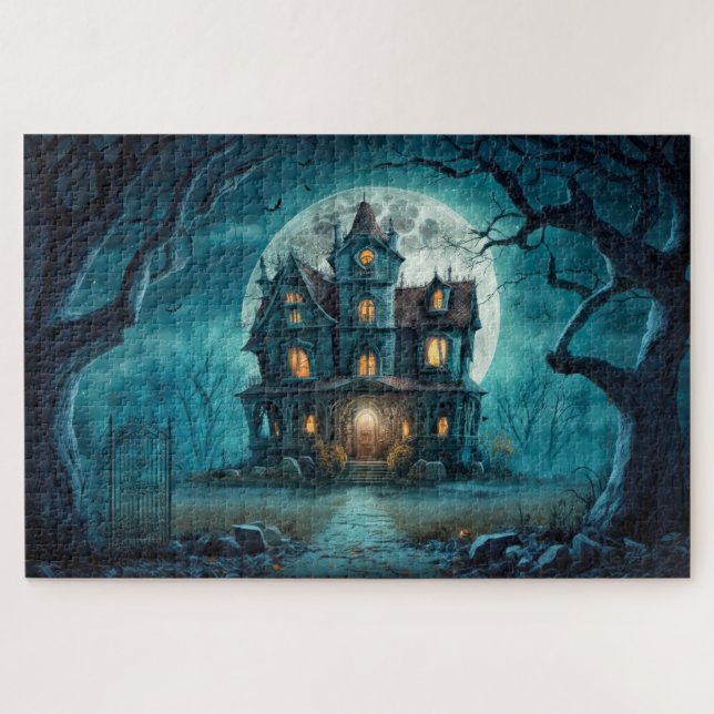 Spooky Haunted House Under A Full Moon Jigsaw Puzzle (Horizontal)