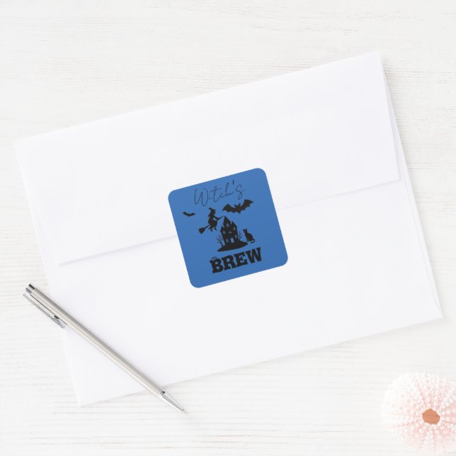Spooky Haunted House & Witch Silhouette |  Square Sticker (Envelope)