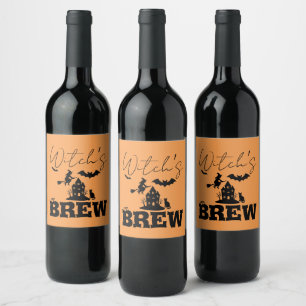 Spooky Haunted House & Witch Silhouette    Wine Label