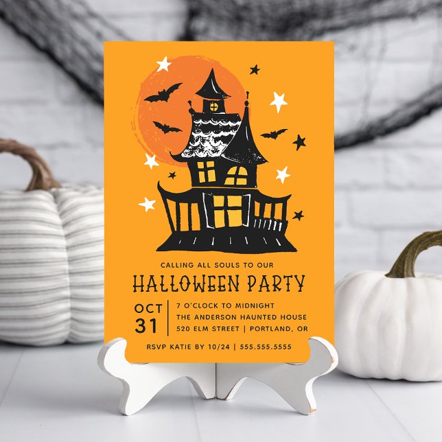 Spooky Haunted House With Bats Halloween Party Invitation (Creator Uploaded)