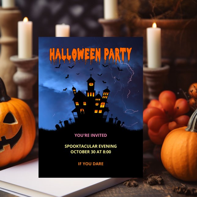 Spooky Haunted House with Bats Storm Invitation Postcard (Creator Uploaded)