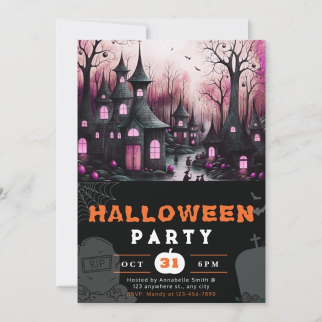 Spooky Haunted Town Houses Pumpkins Halloween Invitation (Front)