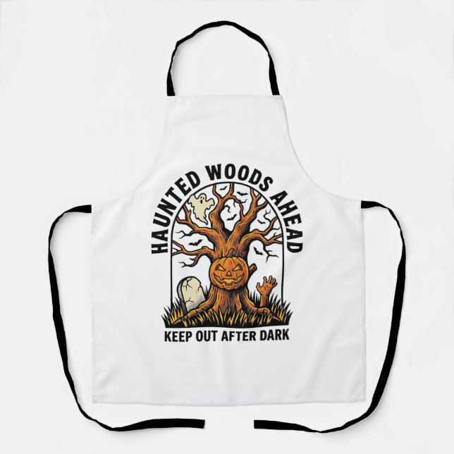 Spooky Haunted Tree Vintage Halloween Warning Shir Apron (Front)