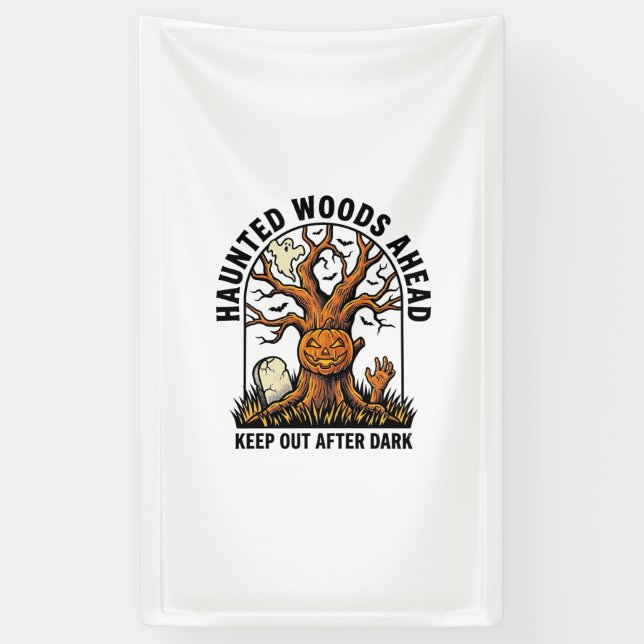 Spooky Haunted Tree Vintage Halloween Warning Shir Banner (Vertical)