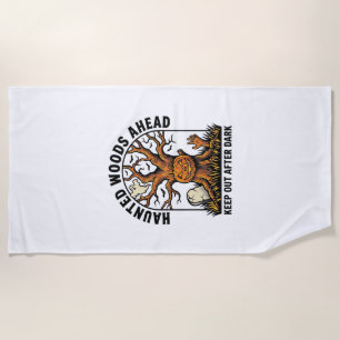 Spooky Haunted Tree Vintage Halloween Warning Shir Beach Towel