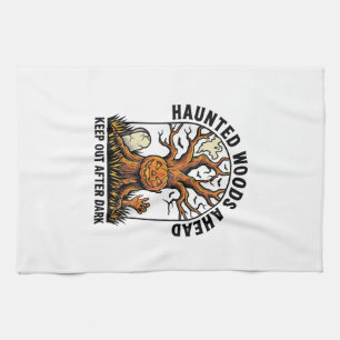Spooky Haunted Tree Vintage Halloween Warning Shir Tea Towel