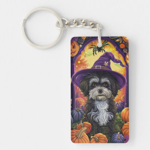 Spooky Havanese Dog Halloween Witch And Pumpkin Key Ring