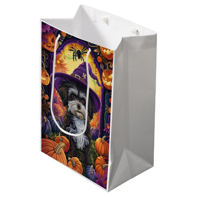 Spooky Havanese Dog Halloween Witch And Pumpkin Medium Gift Bag (Front Angled)