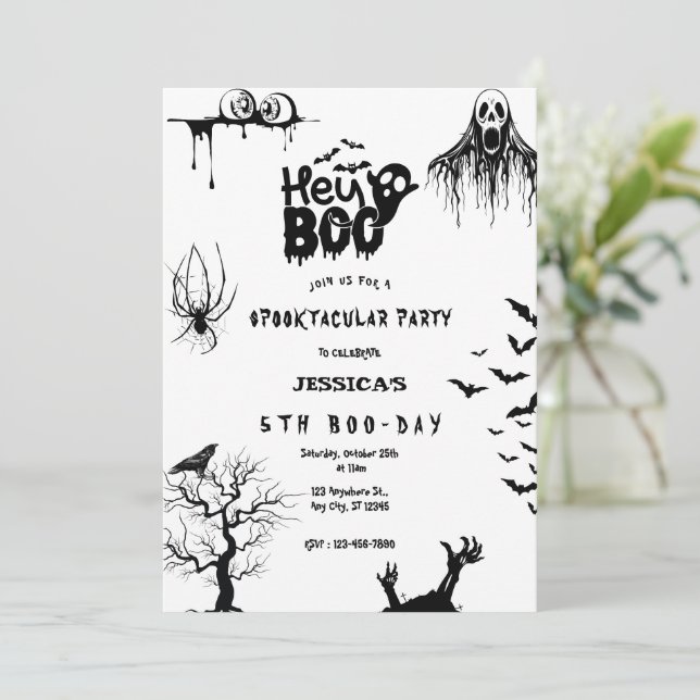 Spooky Hey Boo Kids Halloween Birthday Party Invitation (Standing Front)
