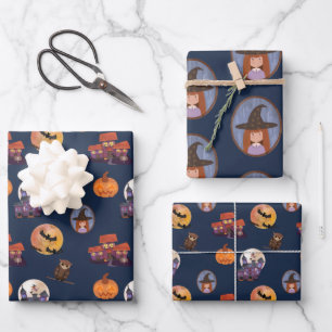 Spooky House Cute Little Witch Owl Moon Halloween  Wrapping Paper Sheet
