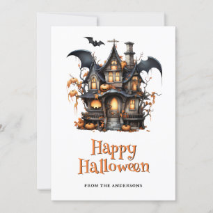 Spooky House Pumpkins Bat Ghost Halloween Card