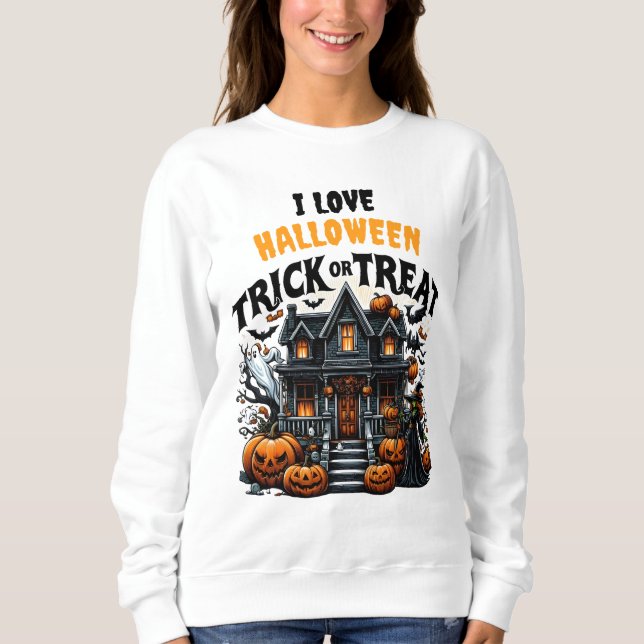 Spooky house with pumpkins and ghosts sweatshirt (Front)
