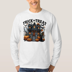 Spooky house with pumpkins and ghosts T-Shirt