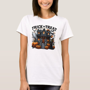 Spooky house with pumpkins and ghosts T-Shirt