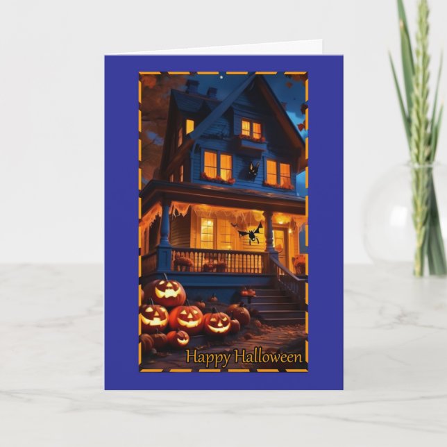 Spooky House with Pumpkins Halloween Card (Front)