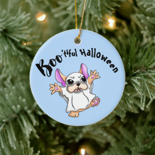 Spooky Hugs: Cute Bulldog Boo ghost Halloween Ceramic Tree Decoration