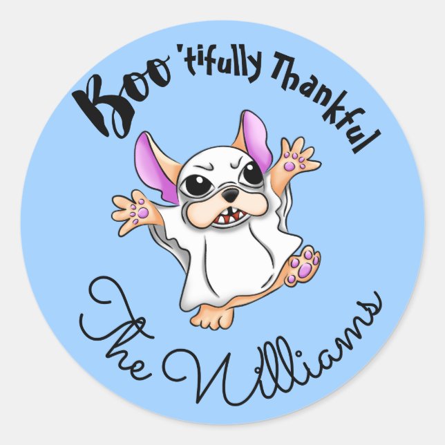 Spooky Hugs: Cute Bulldog Halloween Thank You Classic Round Sticker (Front)
