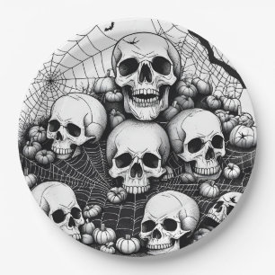 Spooky Human Skulls Spiders Cobwebs Bats Halloween Paper Plate