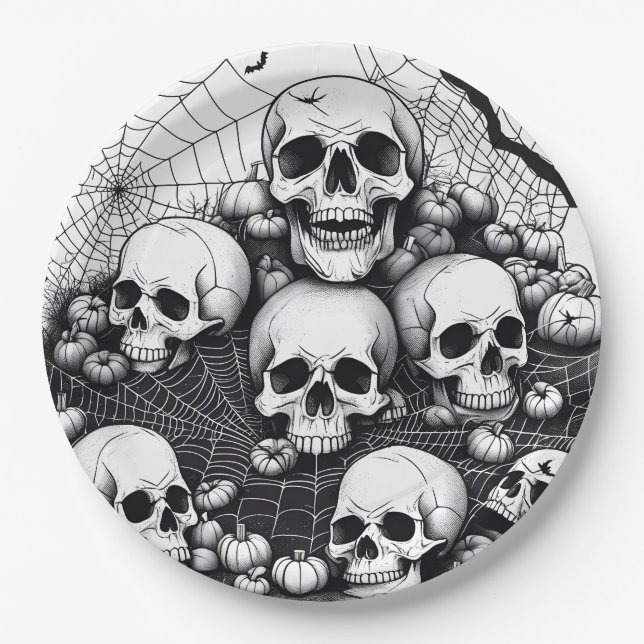 Spooky Human Skulls Spiders Cobwebs Bats Halloween Paper Plate (Front)