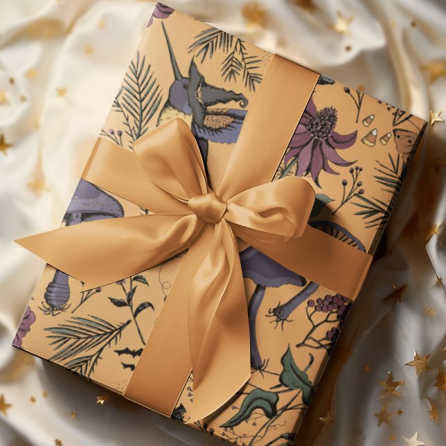 Spooky Hummingbird Garden Autumn Ochre Wrapping Paper (Hand-drawn Illustration in Black Ink. Spooky and Enchanted Hummingbird Garden with Halloween Details)