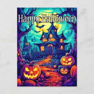 Spooky Illuminating Haunted House Happy Halloween Postcard